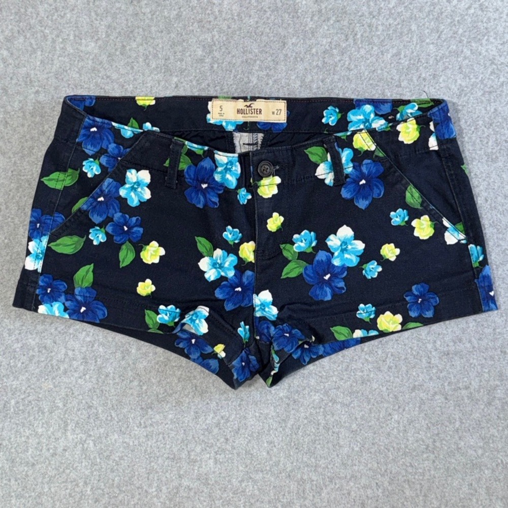 Hollister micro low rise Womens 5 Navy Blue Floral Chino Shorts Tropical Summer